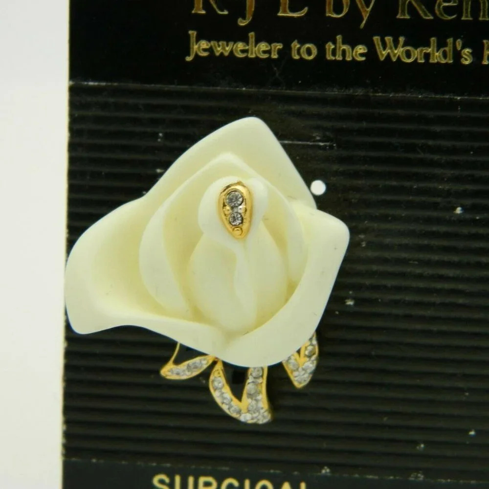 Beige Lucite Rose Flower Enamel Rhinestones Post - Picture 2 of 4